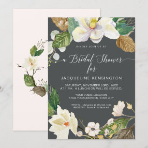 Invitation Blanc Magnolia Floral Aquarelle Folio Gris