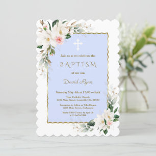 Invitation Blanc Magnolia rose Or Floral Blue Boy Baptême