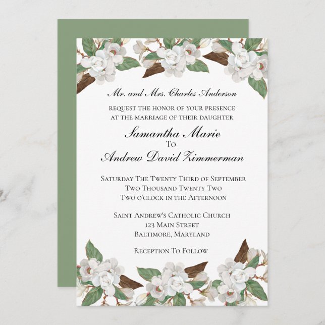 Invitation Blanc Magnolias Classic Formal Mariage élégant Inv (Devant / Derrière)