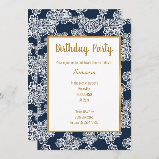 Invitation BLANC MARINE LACE OR TRIM ÉLÉGANT ANNIVERSAIRE bla (Devant / Derrière)