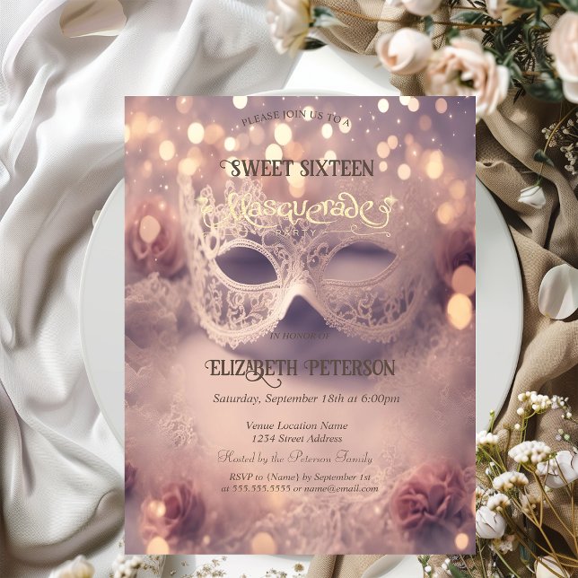 Invitation Blanc Masque Diamants Rose Gold Sweet 16 (Créateur téléchargé)