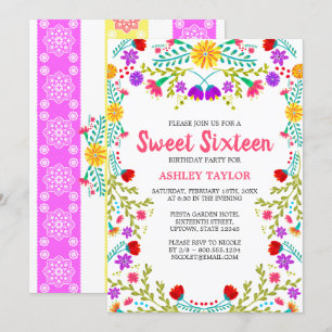 Invitation Blanc mexicain Fiesta Folk Art Floral Sweet sixtee