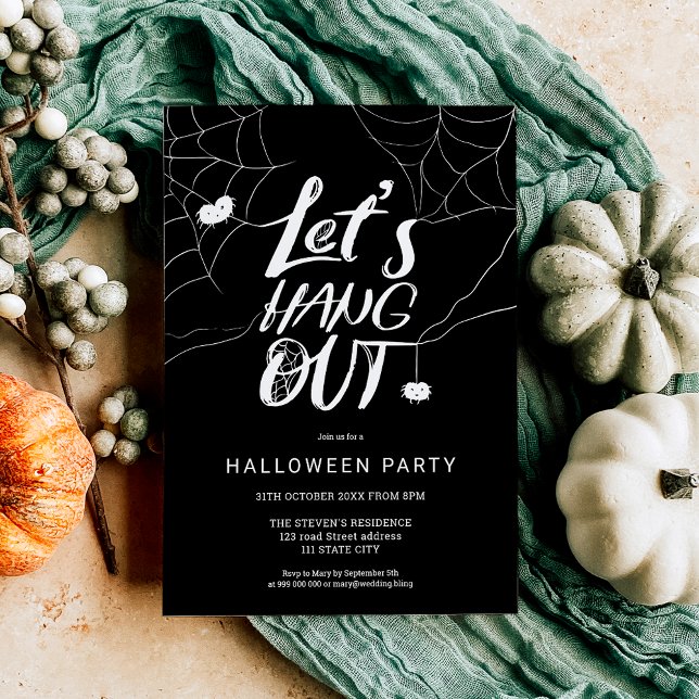 Invitation Blanc mignon moderne araignée d'Halloween pendre l (White cute modern Halloween spider hang out script Invitation)