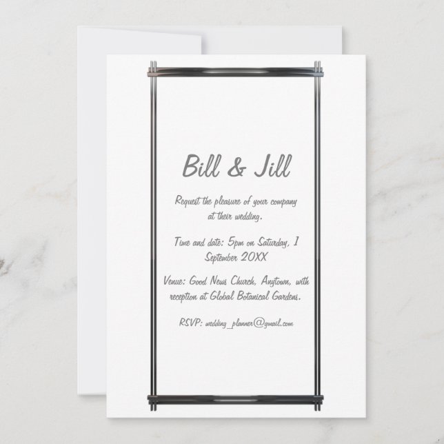 Invitation Blanc Moderne Avec Mariage Cadre Chrome Art Déco (Devant)