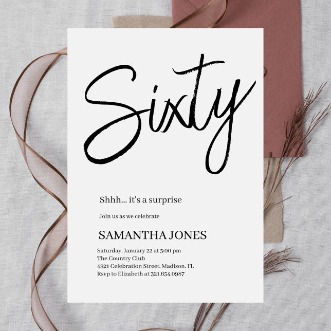 Invitation Blanc moderne et noir Soixante 60e fête d'annivers (Créateur téléchargé)