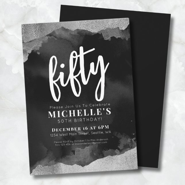 Invitation Blanc Noir 50e Anniversaire (Elegant White Black 50th Birthday Invitation)