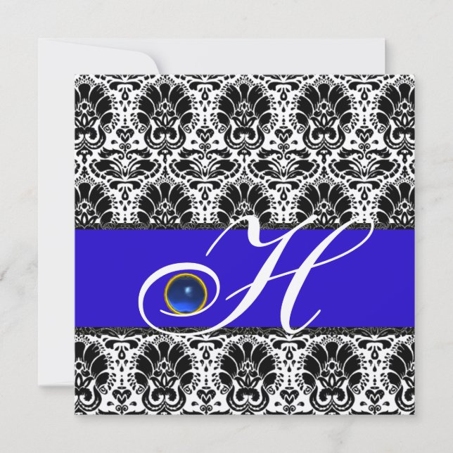 Invitation BLANC NOIR BLEU DAMASK MONOGRAM Sapphire Argent (Devant)