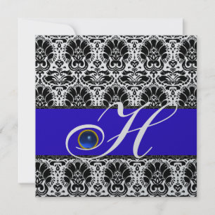 Invitation BLANC NOIR BLEU DAMASK MONOGRAM Sapphire Argent