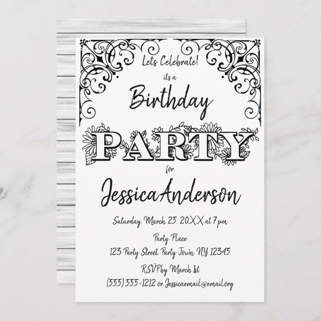 Invitation Blanc Noir Bois Rustique Floral Anniversaire (Devant / Derrière)