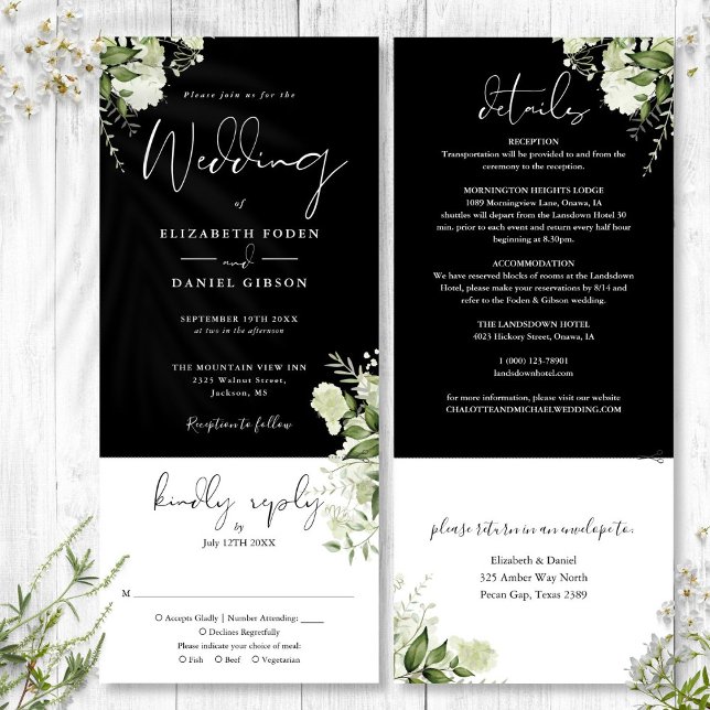 Invitation Blanc Noir Botanique Verdure Tout en un Mariage (Black White Botanical Greenery All In One Wedding Invitation)