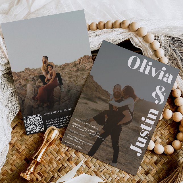 Invitation Blanc noir gras noms 2 photos Code Qr mariage (Créateur téléchargé)