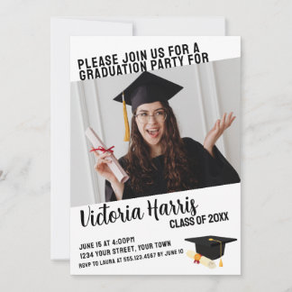 Invitation Blanc noir minimaliste photo de plaisir Graduation