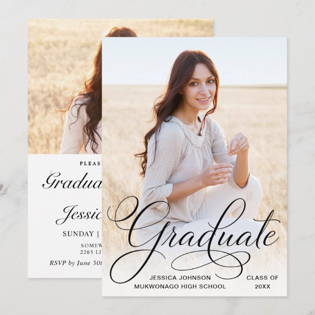 Invitation Blanc Noir moderne 2 PHOTO Graduation Party (Devant / Derrière)