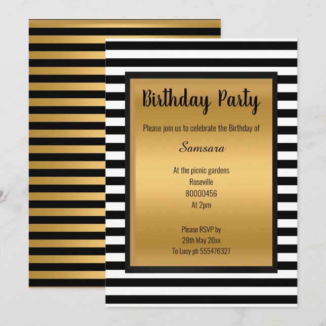 INVITATION BLANC NOIR MOTIF STRIPE TOUTE OCCASION (Devant / Derrière)