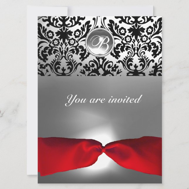 INVITATION BLANC NOIR ROUGE RUBAN DAMAS GEMME PIERRE MONOGRAM (Devant)
