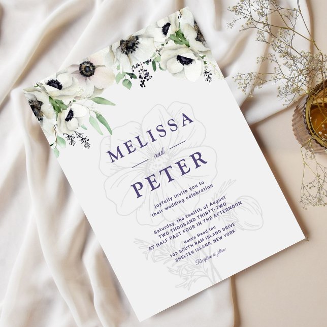 Invitation Blanc noir vert Élégant Mariage d'anémone (Créateur téléchargé)