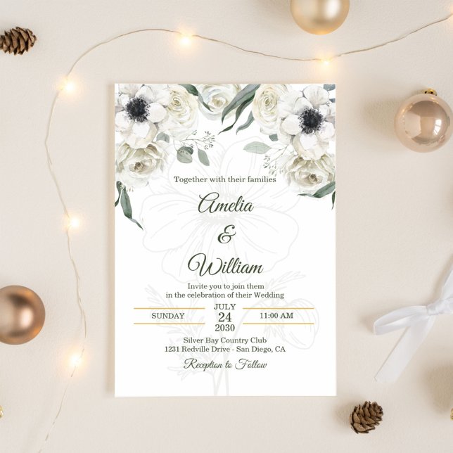 Invitation Blanc Noir Vert Élégante Anémone Mariage (Créateur téléchargé)