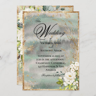 Invitation Blanc or Botanique Floral Sage Vert Mariage