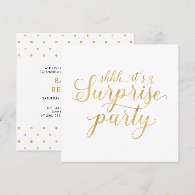 Invitation Blanc & Or | Fête de retraite moderne et surprise (Devant / Derrière)