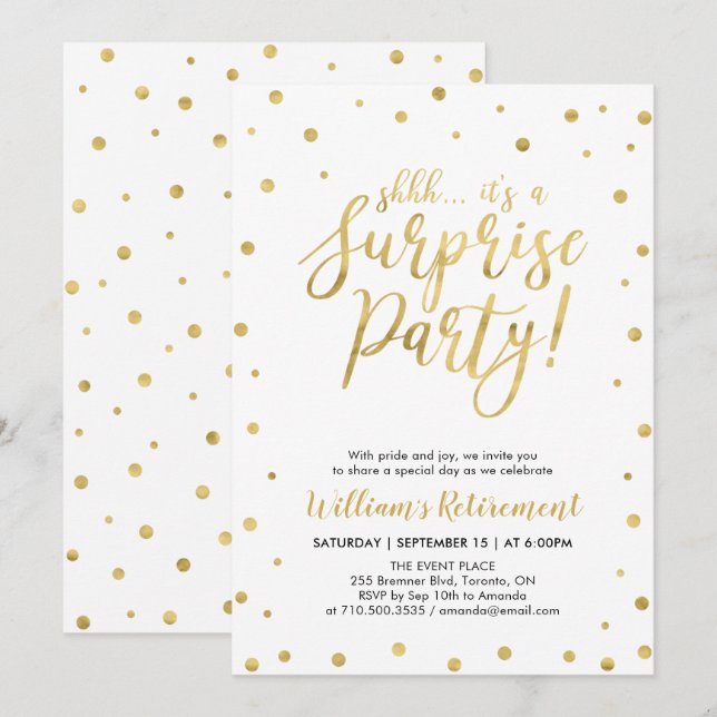 Invitation Blanc & Or | Fête de retraite moderne surprise (Devant / Derrière)