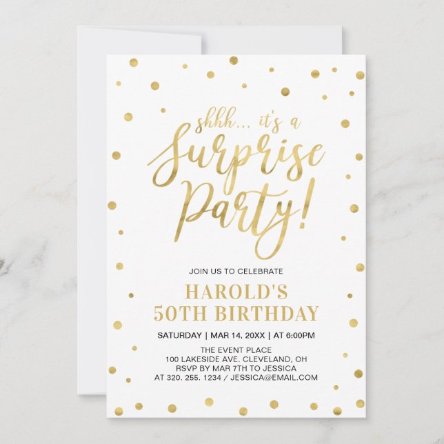 Invitation Blanc & Or | Fête surprise d'anniversaire pour adu (Devant)