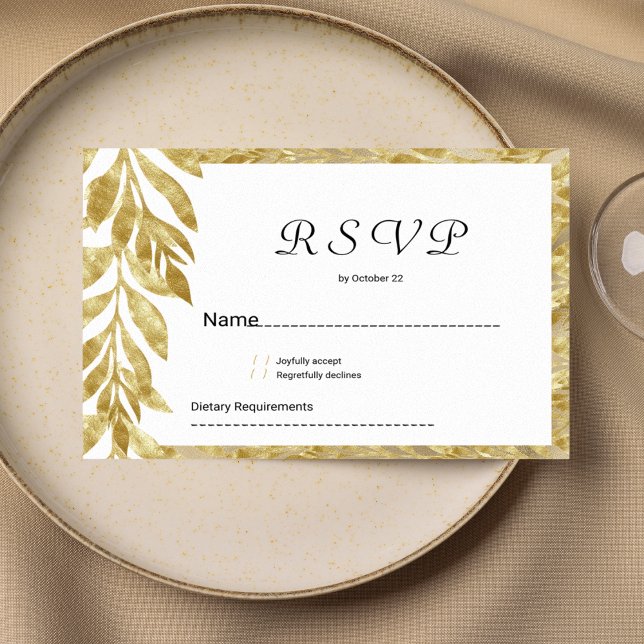 Invitation Blanc or feuille élégance florale RSVP (White gold leaves elegance floral RSVP)