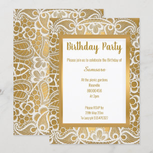 INVITATION BLANC OR LACE OR TRIM ÉLÉGANT ANNIVERSAIRE