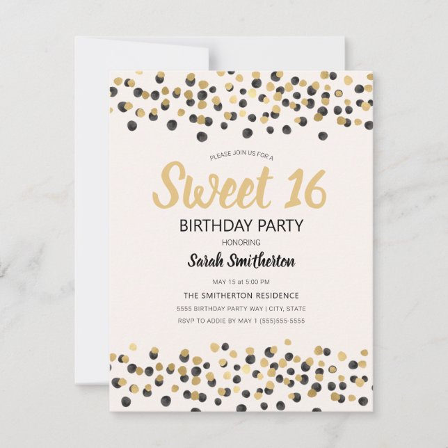 Invitation Blanc Or Noir Confettis Paillettes Sweet 16 (Devant)