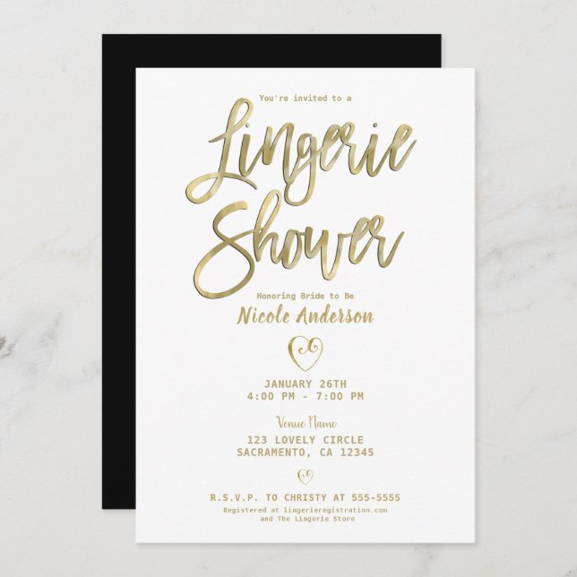 Invitation Blanc Or Noir moderne Chic Lingerie Douche (Devant / Derrière)