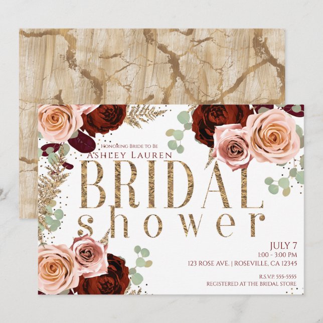 Invitation Blanc Or Rose Bourgogne Roses Shower de Mariée (Devant / Derrière)