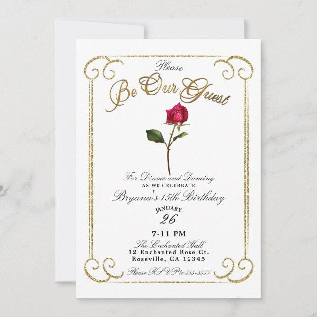 Invitation Blanc & Or Rose Rouge Beauté Fête d'Anniversaire (Devant)