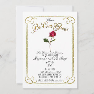 Invitation Blanc & Or Rose Rouge Beauté Fête d'Anniversaire