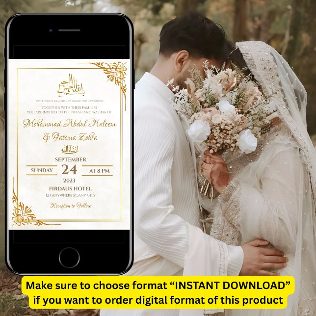 Invitation Blanc Or simple élégant moderne Nikah Walima (Créateur téléchargé)