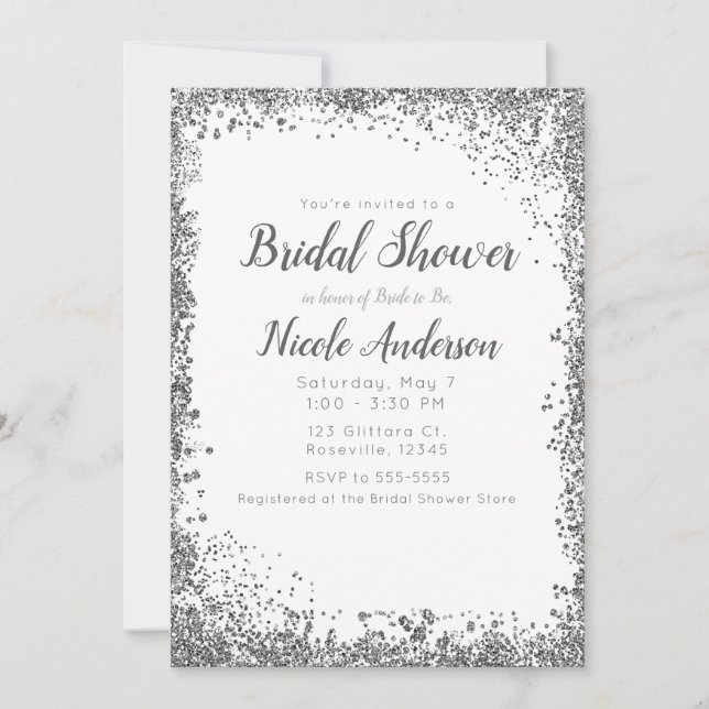Invitation Blanc Pailleté Argent Moderne Glamour Mariage (Devant)