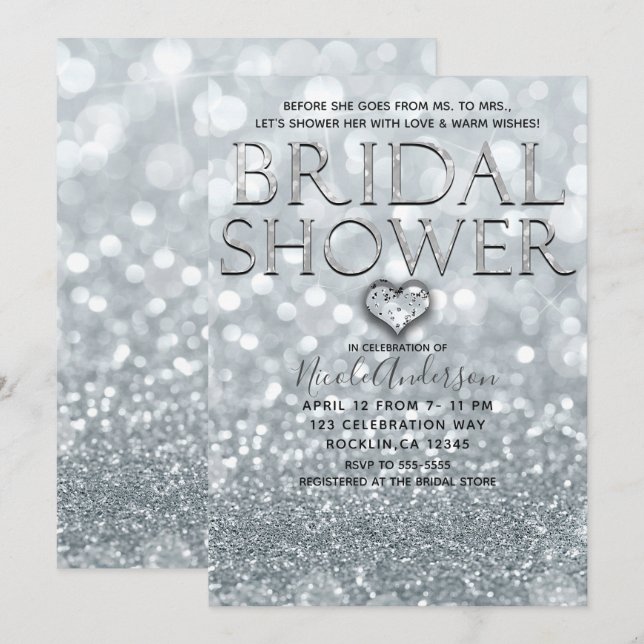 Invitation Blanc Paillettes Argent Bokeh Glamour Réception de (Devant / Derrière)
