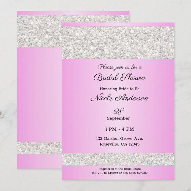 Invitation Blanc Paillettes Étincelle Rose Glamour Réception  (Devant / Derrière)