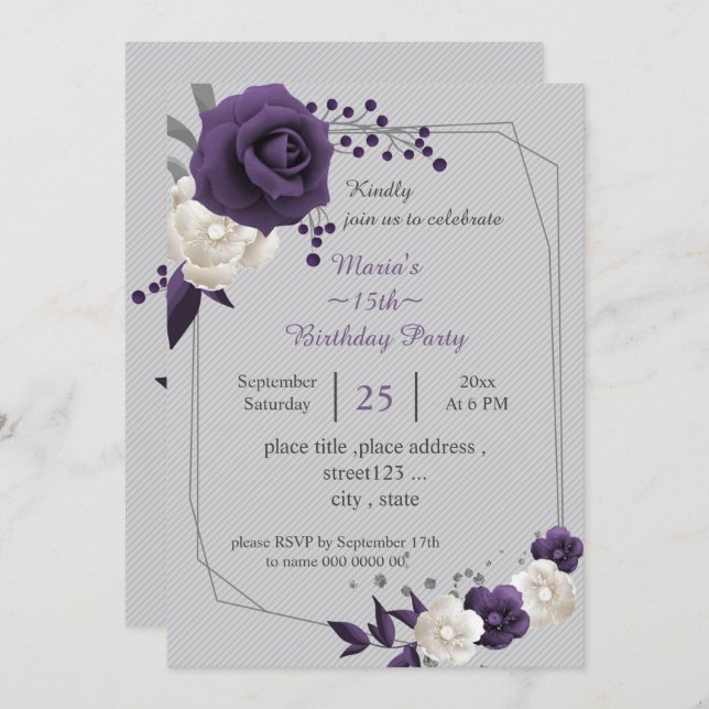 Invitation blanc pourpre poussiéreux fleurs géométrique anniv (Devant / Derrière)