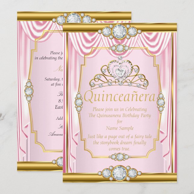 Invitation blanc Quinceanera en soie rose or (Devant / Derrière)