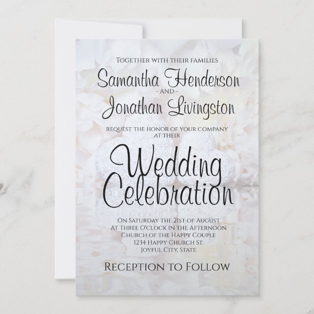 Invitation Blanc Reflet Peony Flowers & Hearts Mariage (Devant)