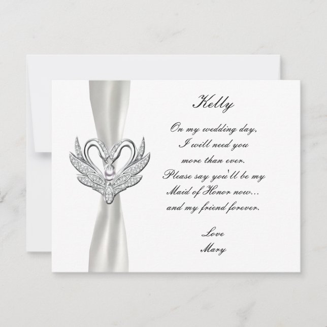 Invitation Blanc Ribbon Argent Swans Maid Of Honor Card (Devant)