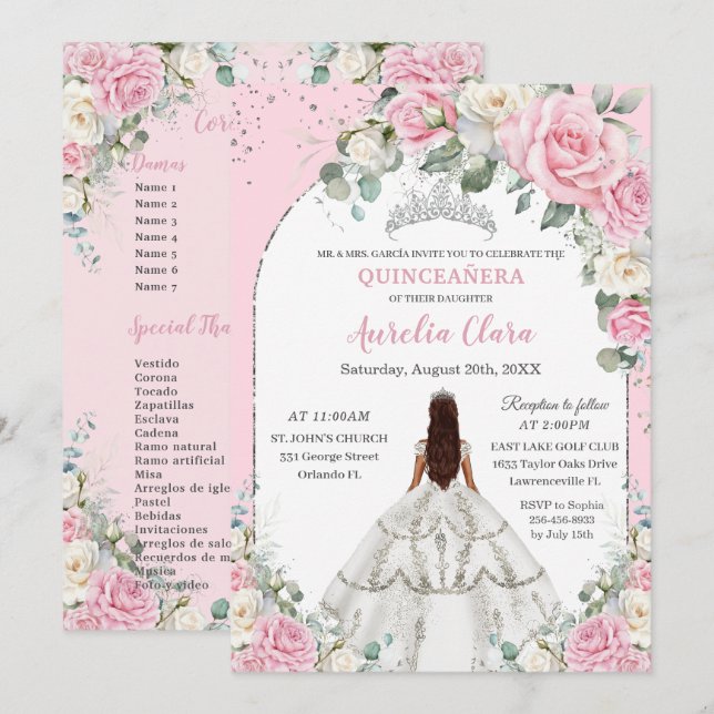 Invitation Blanc rose Floral Arc Arc Argent Quinceanera Sweet (Devant / Derrière)