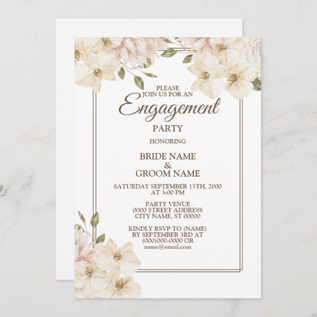 Invitation Blanc rose floral vert Parti d'engagement moderne (Devant / Derrière)
