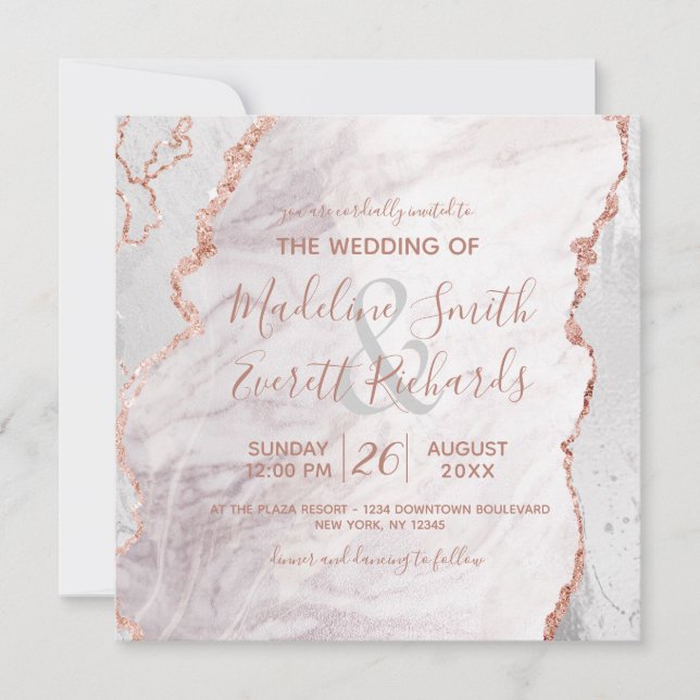 Invitation Blanc & Rose Gold Agate Marbre Carré Mariage (Devant)