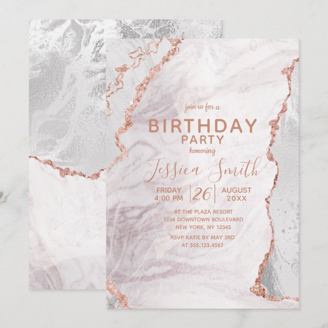 Invitation Blanc & Rose Gold Agate Marbre Foil fête d'anniver (Devant / Derrière)