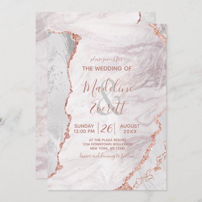 Invitation Blanc & Rose Gold Agate Marbre Foil Mariage modern (Devant / Derrière)