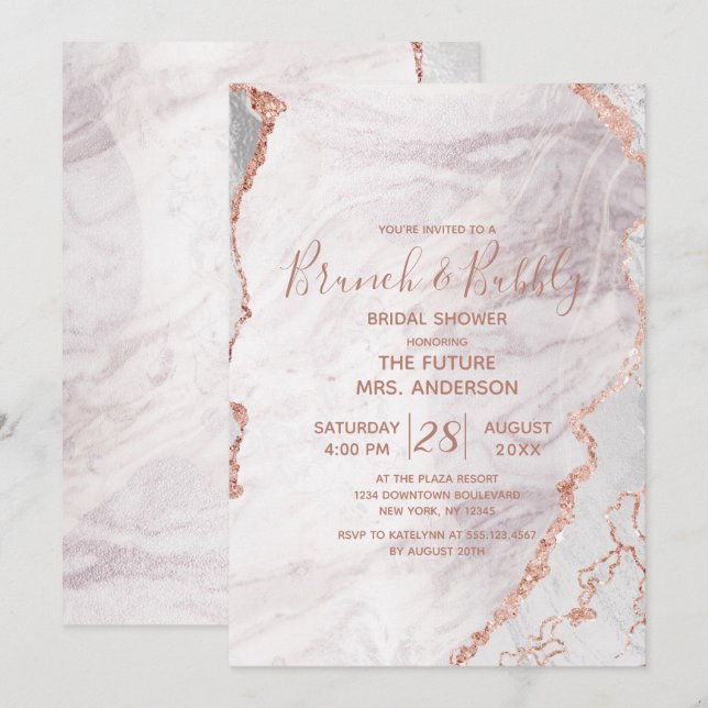 Invitation Blanc & Rose Gold Brunch & Fête des mariées Bubbly (Devant / Derrière)