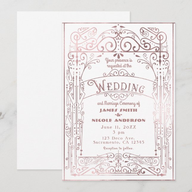 Invitation Blanc & Rose Gold Vintage Victorian Déco Mariage (Devant / Derrière)