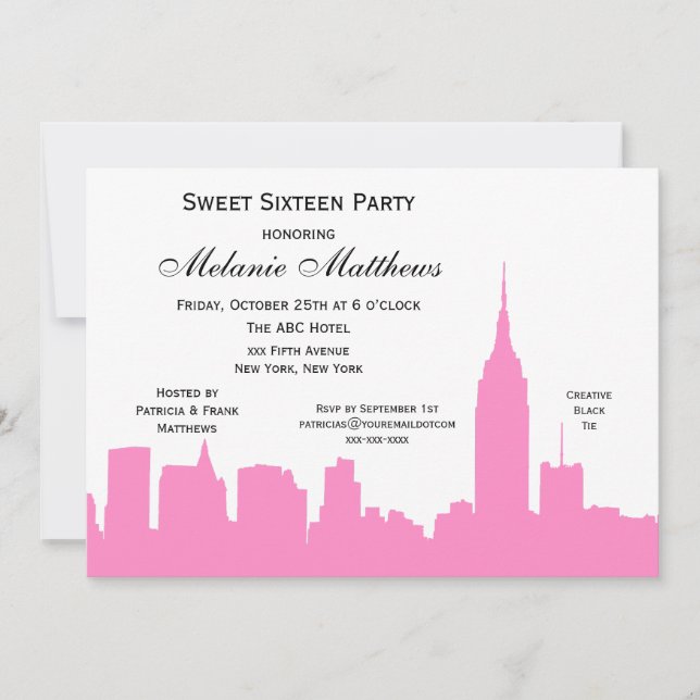 Invitation Blanc rose NYC Skyline Silhouette Sweet sixteen (Devant)