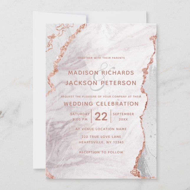 Invitation Blanc & Rose Or Agate Marbre Foil Mariage doré (Devant)