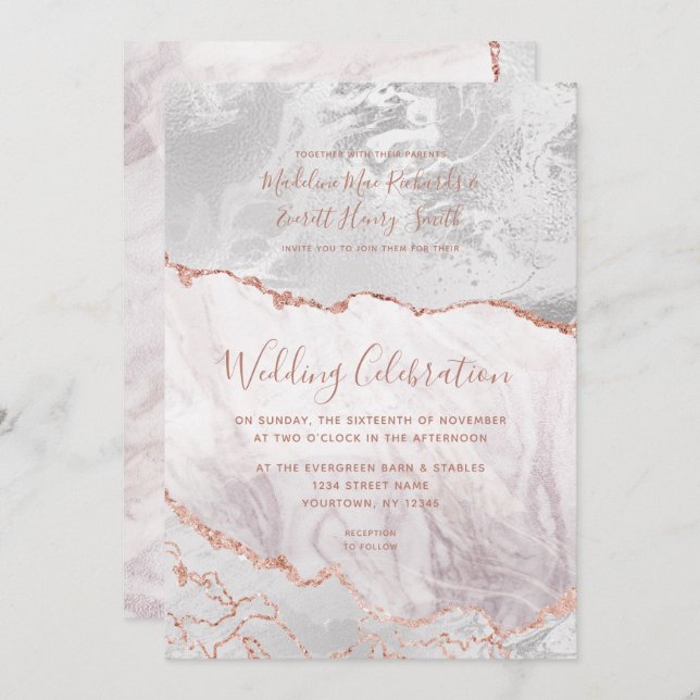 Invitation Blanc & Rose Or Agate Marbre Foil Mariage doré (Devant / Derrière)